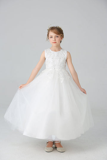 A Line Beaded White Girls' Dress With Appliques